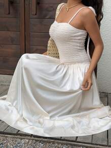 SHEIN Unity Women's Spring & Summer Casual Holiday Everyday Bubble Textured Color Blocking Tie Up Bow Dress - Apricot - View 5