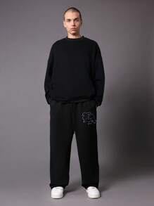 SUMWON 低裆慢跑运动裤优质羊毛街头运动裤，带刺绣标志弹性袖口，舒适休闲冬季运动服训练裤休闲都市风格 - 黑色 - 查看 3