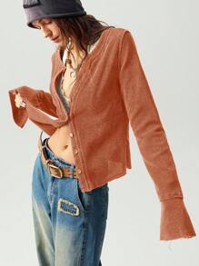 Bohemela 度假休闲纯色 V 领长袖修身常规女式 T 恤