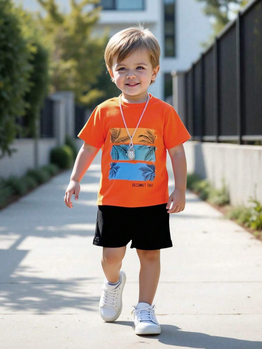 SHEIN Young Boy 2pcs Set: Tropical Print Short Sleeve T-Shirt And Shorts, Summer Casual - Orange - View 1