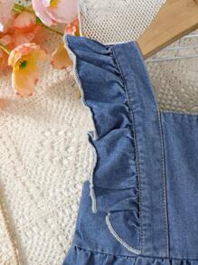 1pc Girls Casual Cute Collegiate Style Blue Woven Bleached Denim Strawberry Cap Sleeve Dress,Holiday,Summer,Travel - Blue - View 5