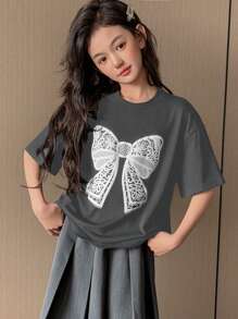 DAZY Tween Girl Round Neck Knit Short Sleeve Butterfly Print T-Shirt, Spring/Summer,Back To School Clothes - Dark Grey - View 5