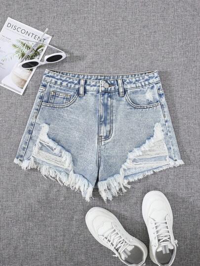 SHEIN Pantaloni scurți din denim pentru fete adolescente rupte cu tiv brut