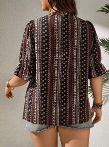 EMERY ROSE 大码女式复古印花 V 领短袖宽松度假衬衫