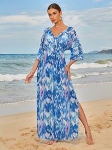 Swim Vcay Women's V-Neck Waist Cinched Long Beach Dress With Spring Break Print, Elegant Cover-Up For Holiday, Summer Vacation - Blue - View 4