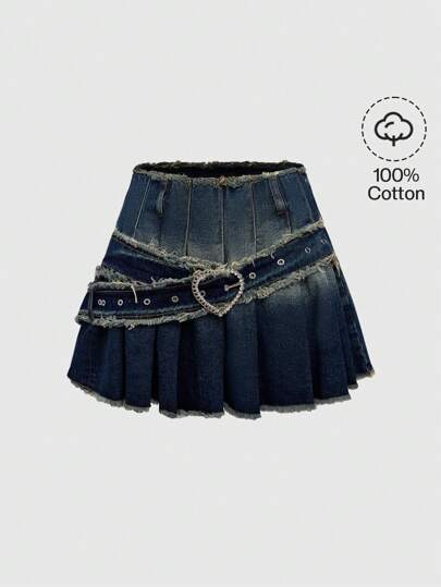 Grunge Punk Women's Casual Vintage Street Style Pleated Denim Skirt