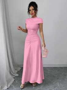 Elenzga Abito da sera di lusso da donna Elenzga, colore unito, design arricciato, elegante con maniche a cappuccio, maxi dress, abito lungo per estate, stile boho, vacanza, festival