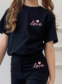 SHEIN 2pcs/Set Tween Girls Casual Minimalist Letter Graphic Loose Short Sleeve Tee And Flared Pants Set, Suitable For Spring/Summer - Black - View 3