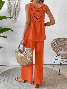 Breezaya Women Solid Color Backless Sleeveless Top And Pants Two Pieces Set - Orange - View 4