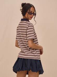 MUSERA Relaxed Fit Collared Striped Embroidered "Musera" Short Sleeve Polo Shirt Spring Street Style Book Shop Oversized Graphic Tees Airport Holiday Summer Fall Back To School Autumn Winter