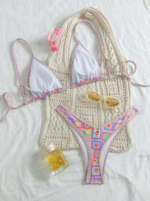 SHEIN Swim Women Spring Break Random Print Triangle Wireless Halter Top And High Cut Swim Bottoms Cute Beach Holiday Bikini Set, Summer Bathing Suit - Multicolor - View 2