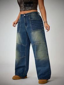 SHEIN ICON Quần jean ống đứng thêu rộng rãi, giặt thường ngày cỡ lớn phong cách cao bồi miền Tây mùa hè cho nữ - Rửa trung bình - Xem 1