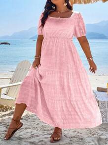 SHEIN Clasi Plus Square Neck Puff Sleeve Ruffle Hem Dress Maxi Women Outfit - Pink - View 5