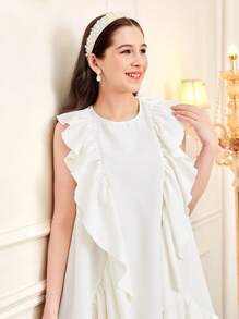 SHEIN Loose Casual Elegant Round Neck Ruffle Hem Mid-Length Dress For Teen Girls - White - View 4