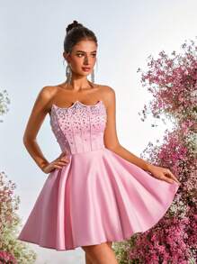 Lovelzi Elegant, Romantic, Dignified, Summer, Pink, Satin, Hot Rhinestone, Computer-Made Beads, Faux Pearls, Fishbone Waist, A-Line, Back Straps, Festival, Music Festival, Vacation, Date, Wedding Event, Dance, Cocktail Dress, Party Dress, Wedding Guest Dress, Prom Dress,Graduation,Graduation Dresses For Women,Back To School Dress - Pink - View 6