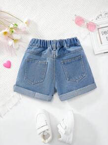 Young Girl' Casual Soft Washed Denim Shorts With Bow Print, Fashionable Comfortable Streetwear Shorts, Suitable For Vacation, Summer - Medium Wash - View 2
