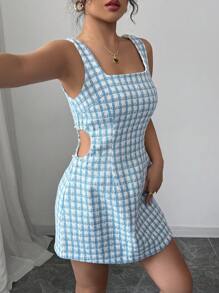 Elenzga 夏季淑女优雅办公室通勤镂空性感方领连衣裙