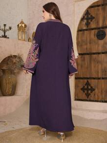 Al Najma Plus Size Plants Embroidered Notched Neck Arabic Style Dress For Women, Modest Kaftan - Purple - View 2