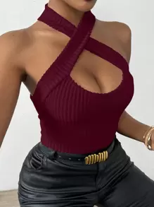 Chiquease 女士纯色罗纹交叉吊带背心