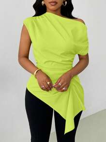 VaVaBold Camicetta di moda da donna con scollo asimmetrico verde fluorescente e arricciatura