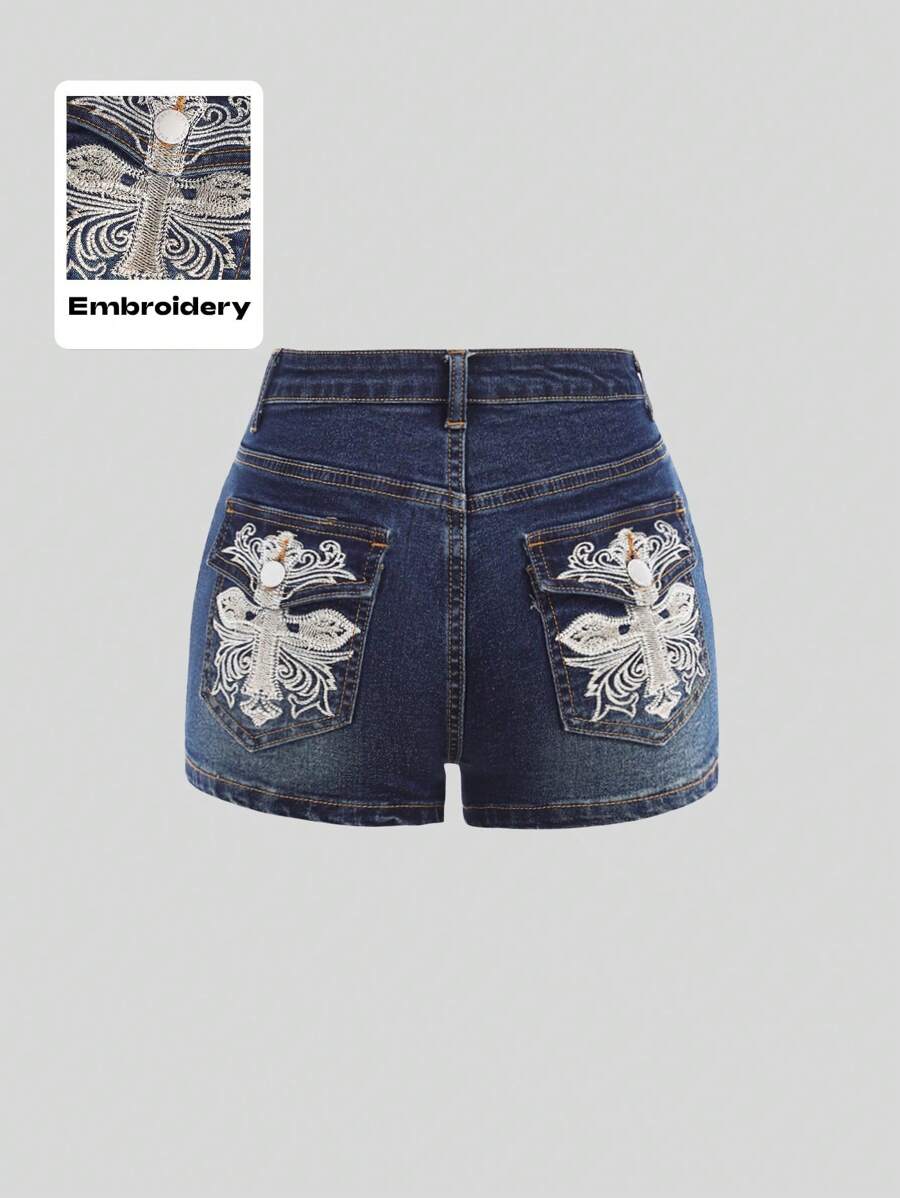 SHEIN Girlism 少女朋克风 Y2K 低腰十字绣口袋超低腰迷你牛仔短裤，春夏假期波西米亚风音乐会锐舞节