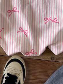SHEIN Cute Striped Bow Print, Pink, Tween Girls Casual Minimalist Short Sleeve Crew Neck T-Shirt, Suitable For Summer