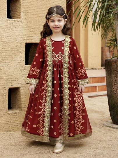 SHEIN Young Girl Emerald Green Tunic Abaya Kaftan Jalabiya Elegant Gold Foil Totem Retro Print Robe With Gold Trim Sash And Gold Retro Printed Robe Set, Party, Travel, Fashion