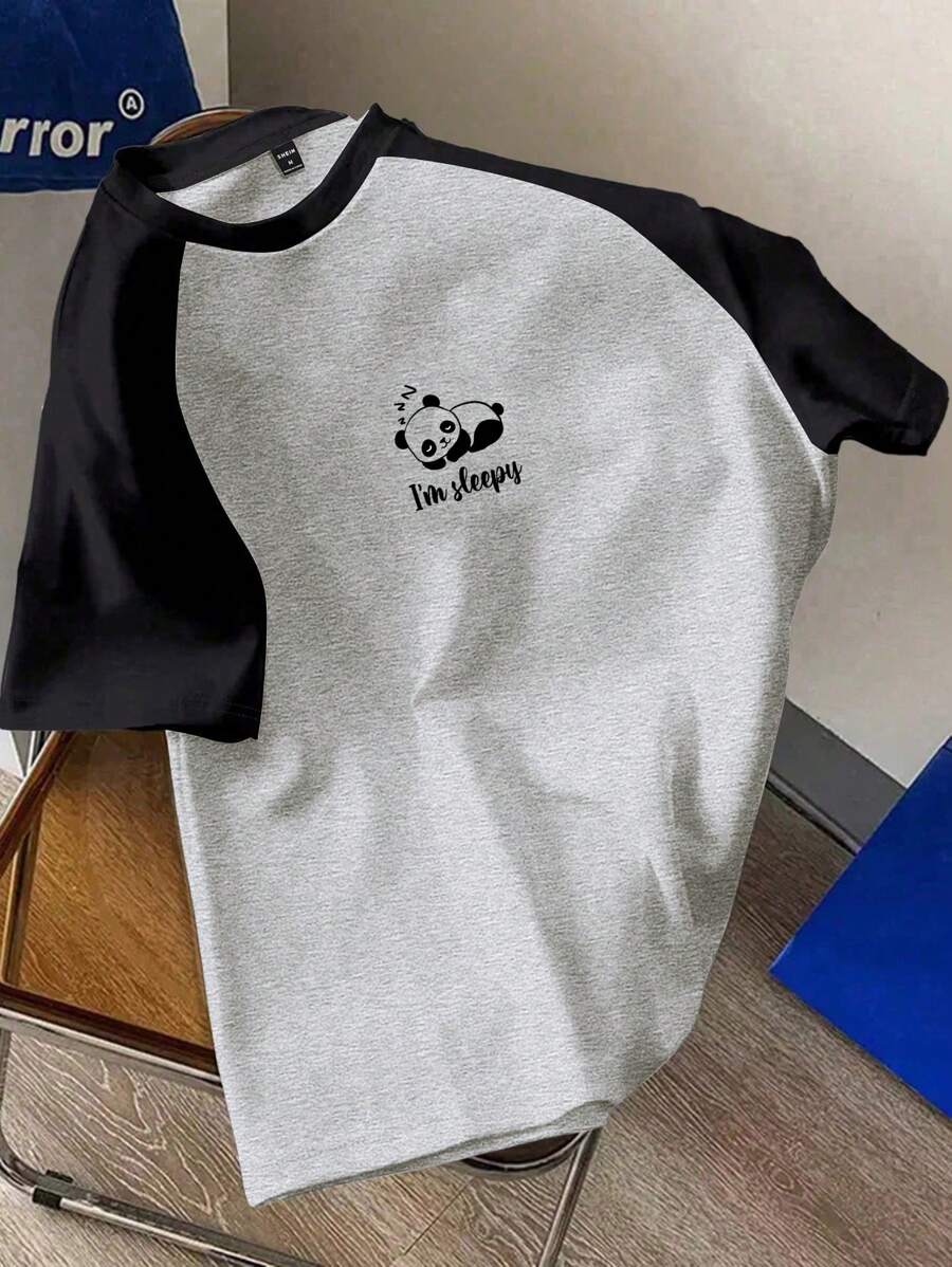 SHEIN Essnce maglietta aderente da donna a maniche corte con grafica carina di panda, scollo tondo, adatta per l'estate - Grigio Chiaro - Visualizzare 1