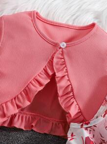 SHEIN 2pcs Young Girl Red Heart Ribbon Dress And Ruched Ruffled Cardigan Set - Pink - View 8