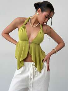 Aloruh 牛油果绿色性感露背金属扣深 V 不对称下摆修身吊带背心，适合夏季度假 - 橄欖綠 - 查看 5
