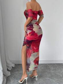 Elenzga Damska letnia sukienka maxi dopasowana z kwiatowym nadrukiem i odkrytymi ramionami, rozcięciem po bokach i nadrukiem kwiatowym na Nowy Rok - Czerwony - Zobacz 2