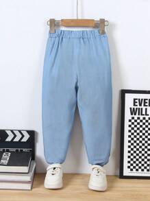 Young Boys Casual Sports Drawstring Pants, Soft Denim Effect Fabric With Lack Of 3D Design, Comfy Skin-Friendly, Suitable For Spring And Autumn, Indoor Or Outdoor - Blue - View 2