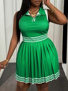 Slaydiva Plus Size Women Casual Sports Tennis Style Striped Two-Piece Set,Holiday Outfits