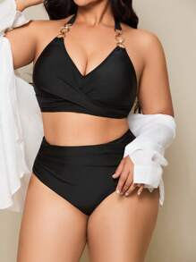 SHEIN Swim Curve Plus Size Women 2 Pieces Neck-Tie Backless Cut-Out High Waist Casual Swimwear