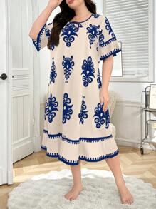 Trezura 复古印花宽松短袖大码睡袍，Moo Moo 睡裙 - 彩色 - 查看 4