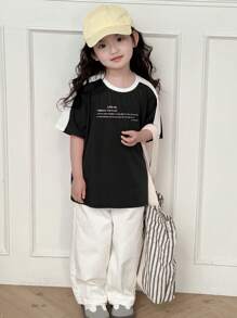 Dazy Kids 年轻女孩圆领针织字母印花拼色宽松短袖 T 恤，夏季