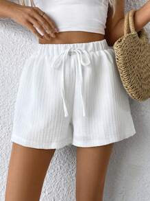 Chiquease Women's White High Waist Tie Belt Loose Wide Leg Textured Shorts