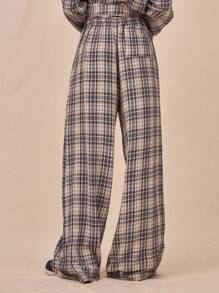 MUSERA 中腰松紧腰宽松格纹阔腿裤，90年代风格套装下装，时尚优雅 - 彩色 - 查看 3