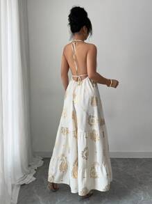 Chiquease Vestido largo de tirantes finos con escote espalda descubierta, elegante, con estampado dorado y cuello halter para vacaciones