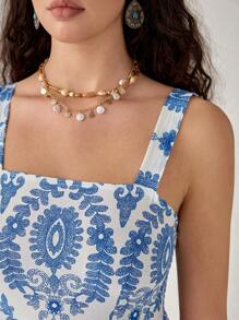 Florisole Blauwe mouwloze vintage printjurk voor dames voor de zomer