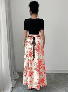 Rafferiza Vestido mini elegante y entallado con estilo qipao para mujeres, cuello cuadrado, manga corta, lazo en la cintura, estampado chino - Albaricoque - Ver 2