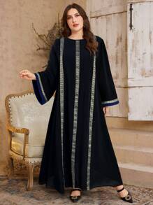 Al Najma Women Round Neck Bell Sleeve Patchwork Casual Loose Plus Size Arabic Long Dress - Black - View 3