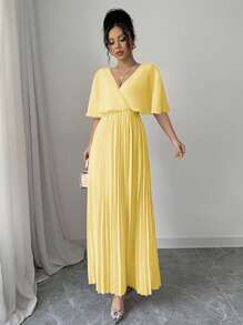 Elenzga Elegant Butterfly Sleeve Pleated A-Line V-Neck Backless Dress, Suitable For Party, New Year, Valentine's Day, Pink