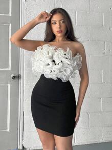 SHEIN Privé Women's Elegant Party Dress With Colorblock Zipper Decor, Bodycon Mini Bustier Dress