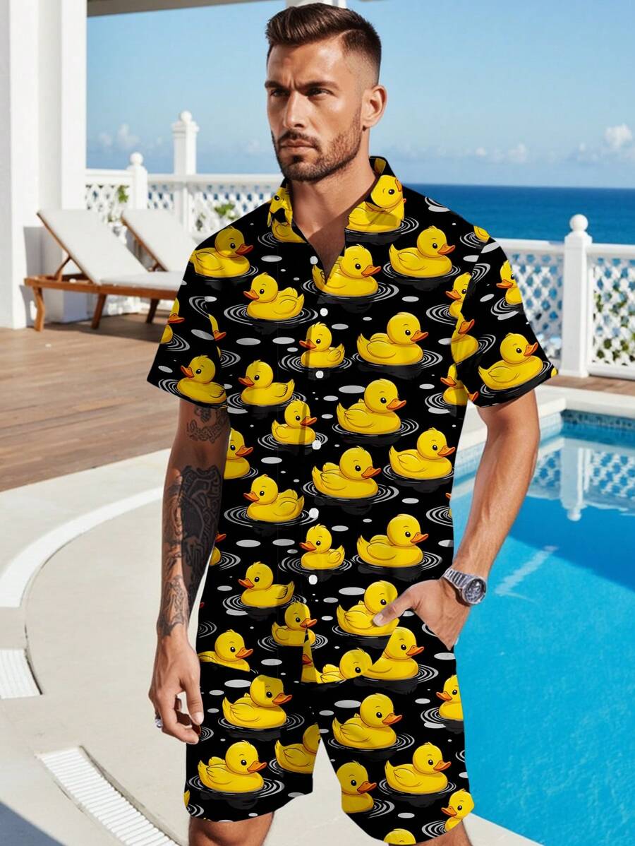Manfinity RSRT Fashionable Casual & Holiday Style Funny Cartoon Little Yellow Duck All-Over Digital Print Pattern Slim Fit Casual Shirt And Shorts Set For Men, Perfect For Outdoor Holiday, Date, Party, Gift For Boyfriend - Black - View 1