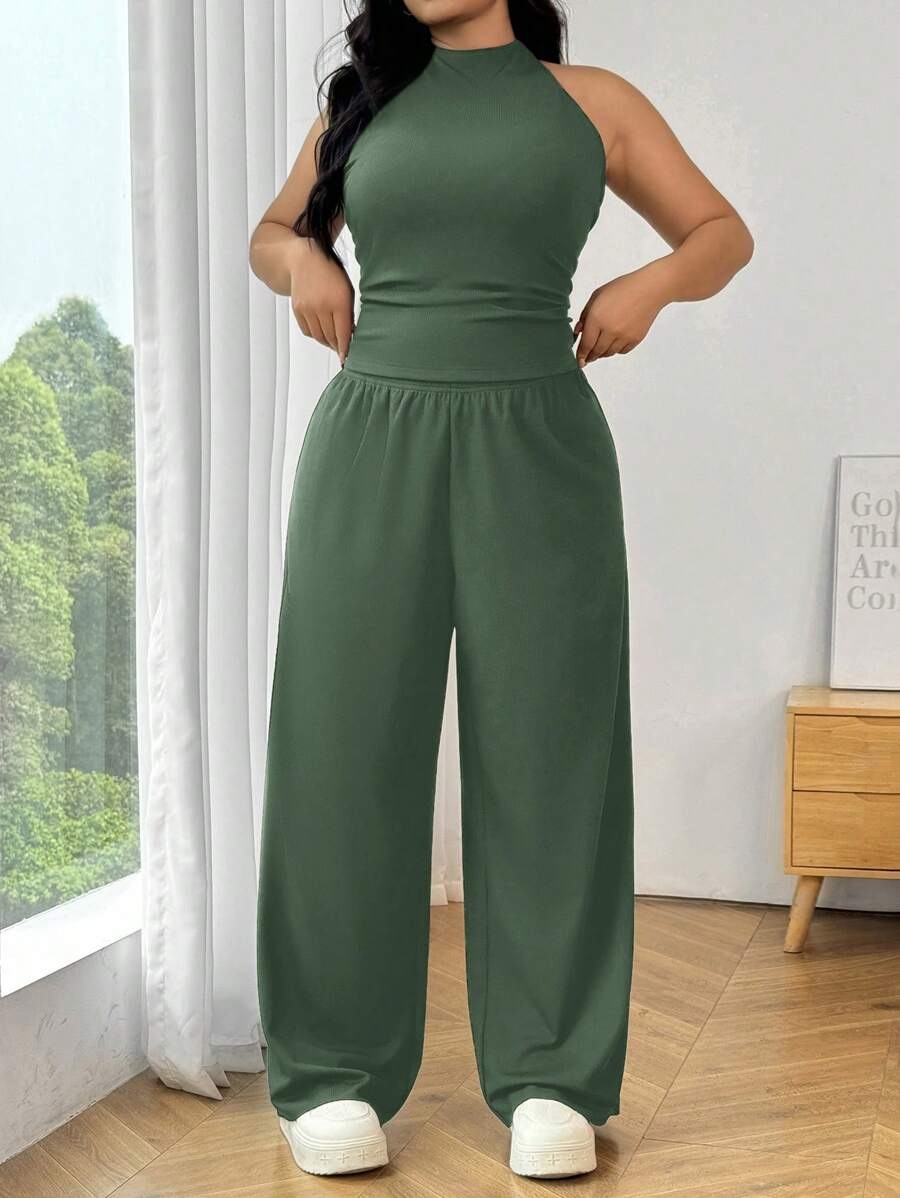 Solflare 2pcs Plus Size Women Olive Green Fitted Tank Top And Pants Set - Army Green - View 1