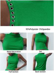 Maija 春季新款蓝色金属装饰女式背心无袖收腰都市现代优雅日常休闲适合外出度假节日派对老钱波西米亚90年代女装、夏季、乡村音乐会、街头女装、斯德哥尔摩风格、斯德哥尔摩风格、俱乐部、教师、女性教师、都市现代与复古富裕风格