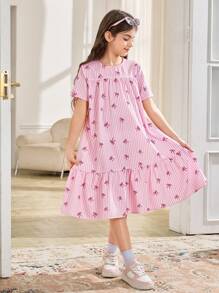 SHEIN Leap Crew Tween 女童蝴蝶结条纹圆领短袖宽松 A 字形连衣裙 - 粉色 - 查看 4