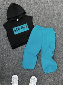 SHEIN 2pcs/Set Young Boy Casual Korean Style Letter Print Raglan Hoodie And Wide Leg Sweatpants Set, Suitable For School, Garden, Beach, Birthday, Spring/Summer/Autumn/Winter - Blue - View 8