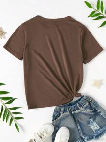 SHEIN Maglietta basic a maniche corte con girocollo per ragazze pre-adolescenti, con stampe grafiche a quadri, floreali e facce spaventose, abiti coordinati/abbinati (venduti separatamente in 2 pezzi)